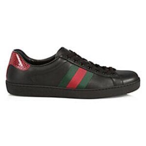 AUTH Gucci Ace tennis Sneakers UK7 US8 Mens Black Leather Red Stripe 386750 02JR